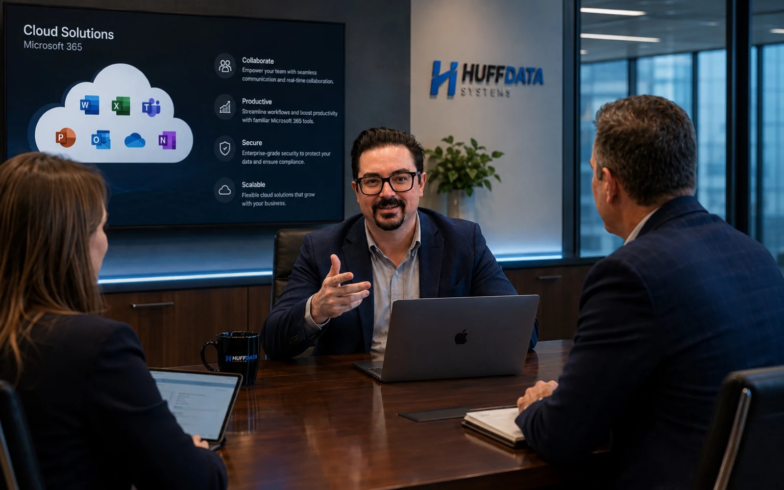 HUFF DATA SYSTEMS presenting Microsoft 365 managed services in a business meeting