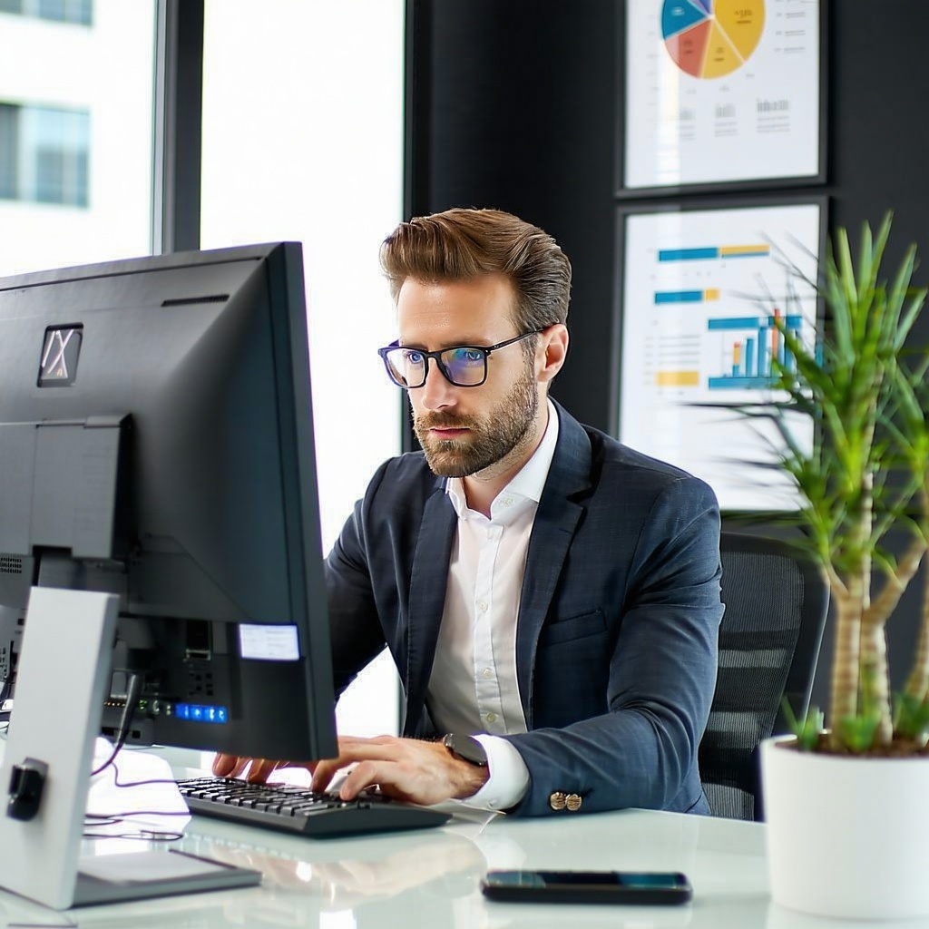 The image depicts a professional business person seated at a sleek modern desk in a welllit office environment surrounded by contemporary furnishings and decor With a focused expression they are engaged in typing a detailed support request on their c