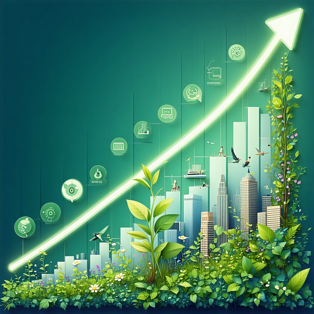 The image vividly illustrates the concept of business growth through a series of upwardmoving elements such as a graph with an ascending line flourishing plants symbolizing expansion and bustling cityscapes representing economic activity The use of v The image vividly illustrates the concept of business growth through a series of upwardmoving elements such as a graph with an ascending line flourishing plants symbolizing expansion and bustling cityscapes representing economic activity The use of v