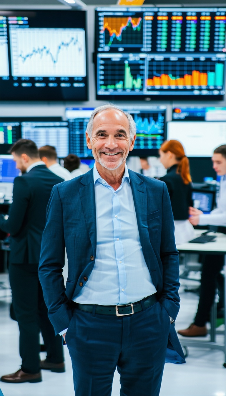 The scene depicts a vibrant financial services company bustling with activity where employees clad in professional business attire radiate positivity and enthusiasm In the foreground the owner a charismatic individual in their 60s stands confidently-1