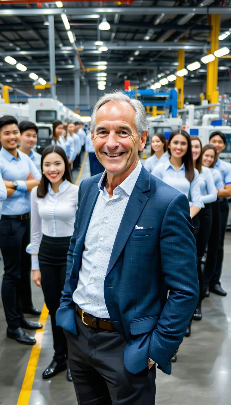manufacturing business owner with employees happy
